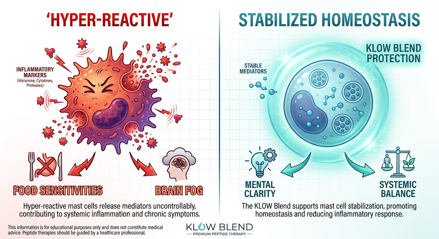 A comparison chart showing a hyper-reactive mast cell versus a stabilized mast cell under the influence of peptides.
