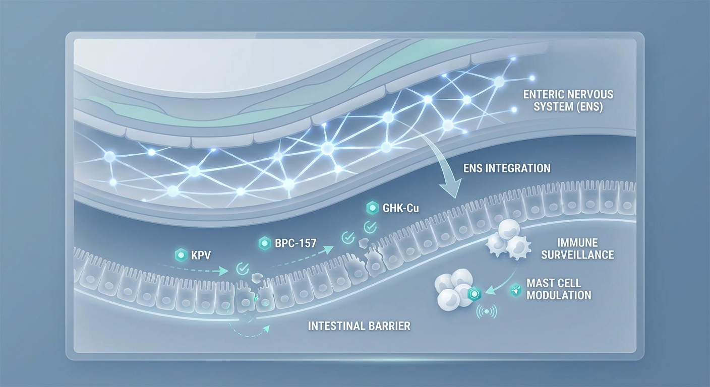 An anatomical diagram of the gastrointestinal lining showing the Enteric Nervous System and mast cell distribution.