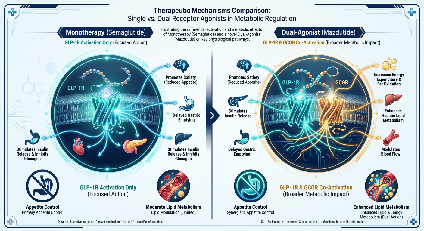 Infographic comparing the mechanism of action between a mono-agonist (<a href=