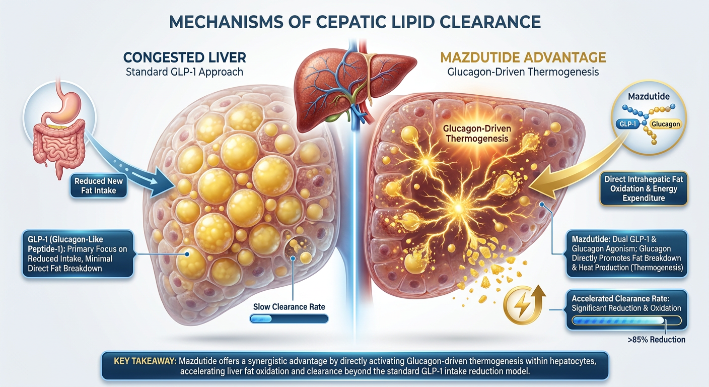 Infographic showing the process of Hepatic Lipid Clearance, comparing how standard GLP-1s vs Glucagon-driven dual agonists clear fat from liver cells.