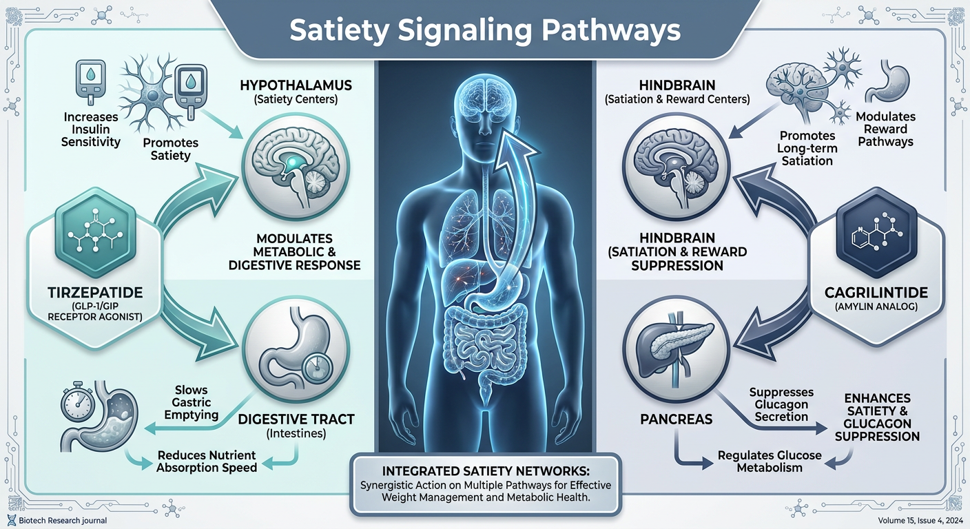 An infographic titled Satiety Signaling Pathways: GLP-1/GIP vs. Amylin, showing a human silhouette with neural connections to the gut and brain. Labels distinguish between the dual-action of Tirzepatide and the amylin-analog action of Cagrilintide.