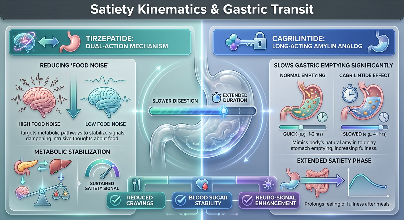 A comparative chart infographic titled Satiety Kinematics: Comparing Gastric Transit and Food Noise. It features two graphical representations of how Cagrilintide and Tirzepatide influence digestion speed and mental cravings.