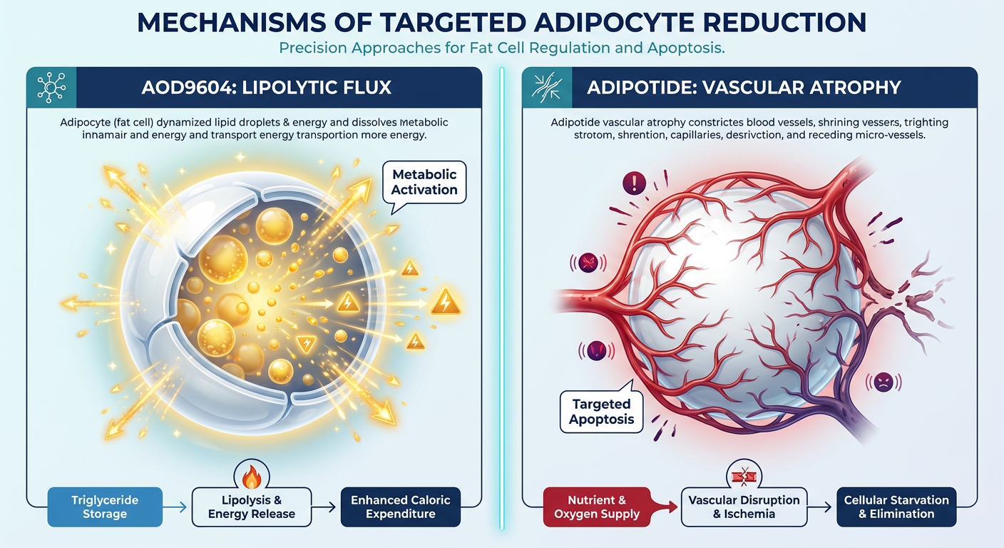 A detailed scientific comparison chart titled Adipotide vs AOD9604, showing different mechanisms of action for fat cell reduction.