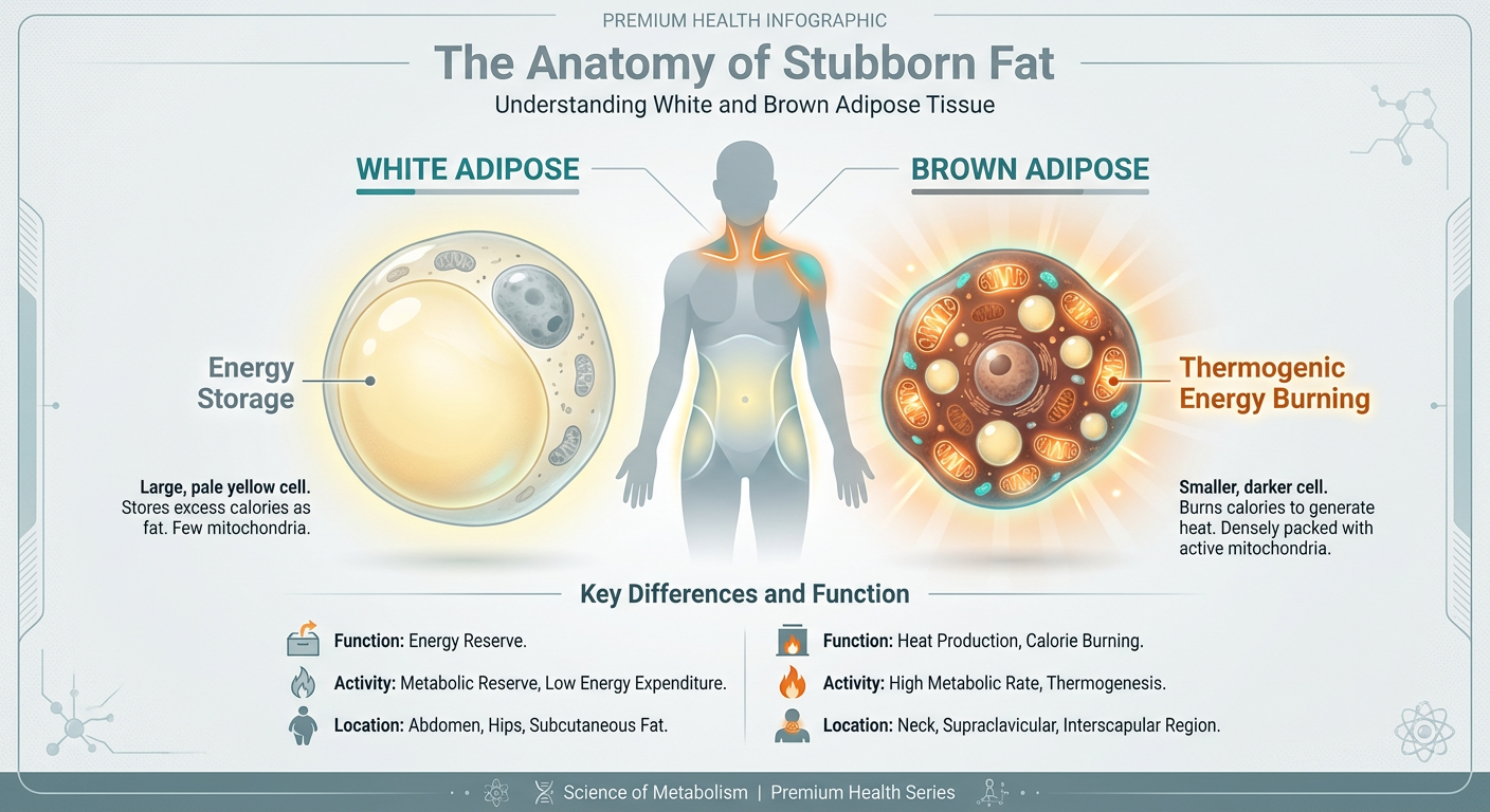 An anatomical infographic comparing White Adipose Tissue and Brown Adipose Tissue, highlighting mitochondrial density.