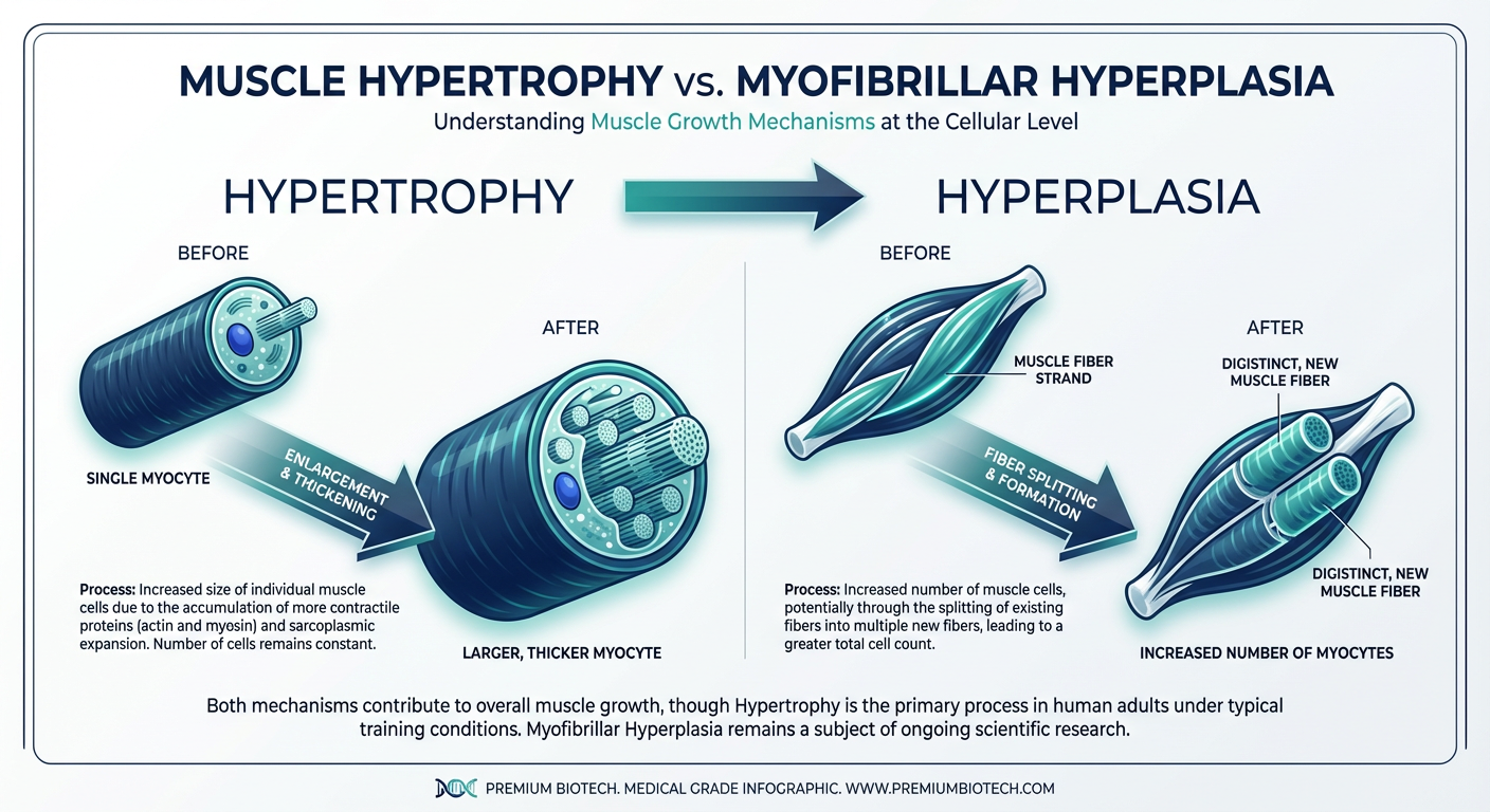 A scientific comparison diagram between Muscle Hypertrophy and Muscle Hyperplasia. Hypertrophy shows a single muscle fiber expanding in size, while Hyperplasia shows a muscle fiber splitting into two distinct new fibers. The background is a clean, lab-white with teal accents.