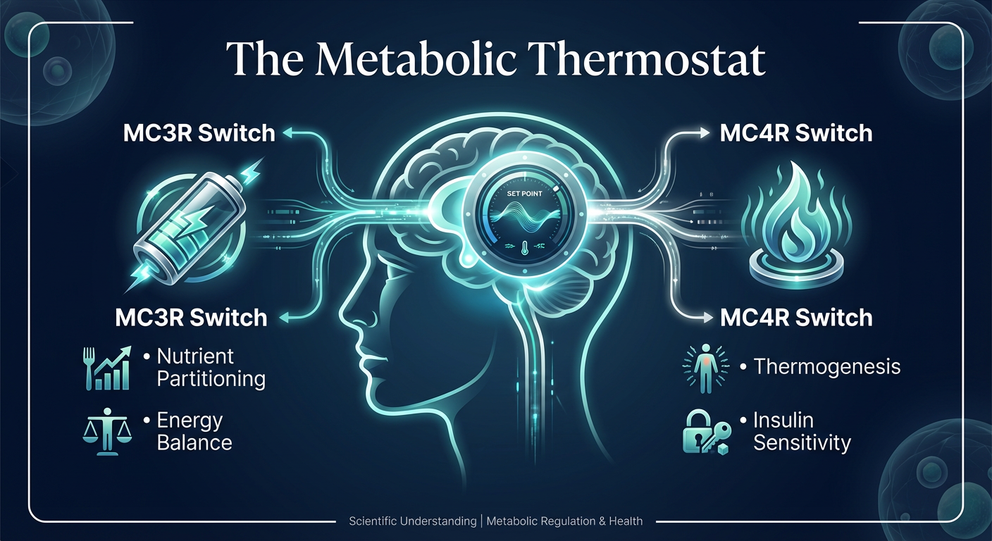 A medical infographic titled The Metabolic Thermostat illustrating the Melanocortin System with MC3R and MC4R receptor functions in the brain.