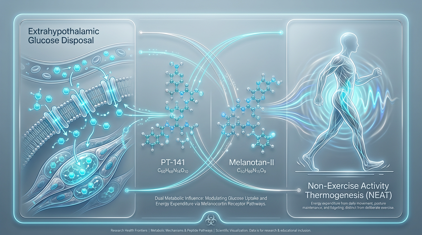 A comparative infographic showing PT-141 and MT-II activation of glucose disposal and NEAT pathways in the body.