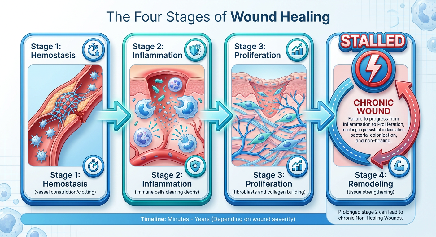 Infographic showing the four stages of wound healing: Hemostasis, Inflammation, Proliferation, and Remodeling, contrasting a healthy cycle with a stalled chronic wound.