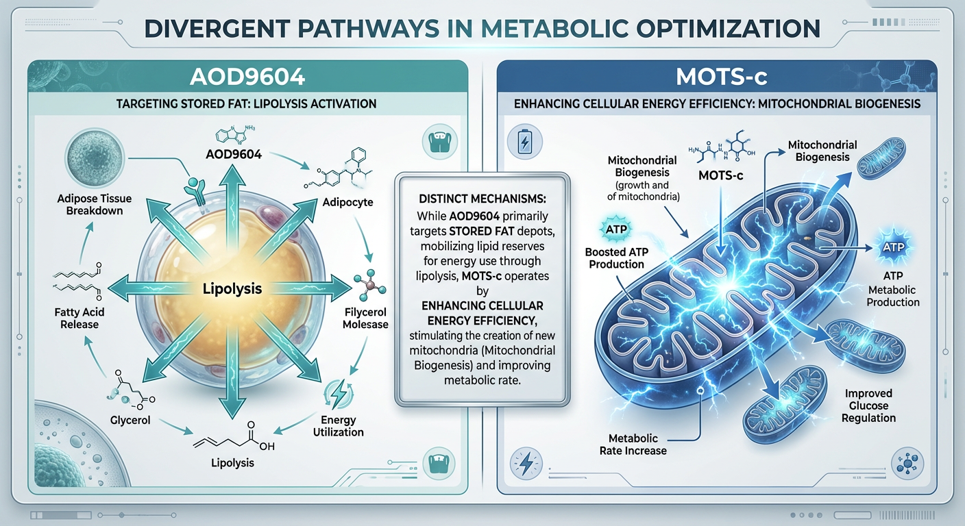 An infographic comparing the metabolic mechanisms of AOD9604 and MOTS-c, using icons for fat breakdown and mitochondrial energy production.