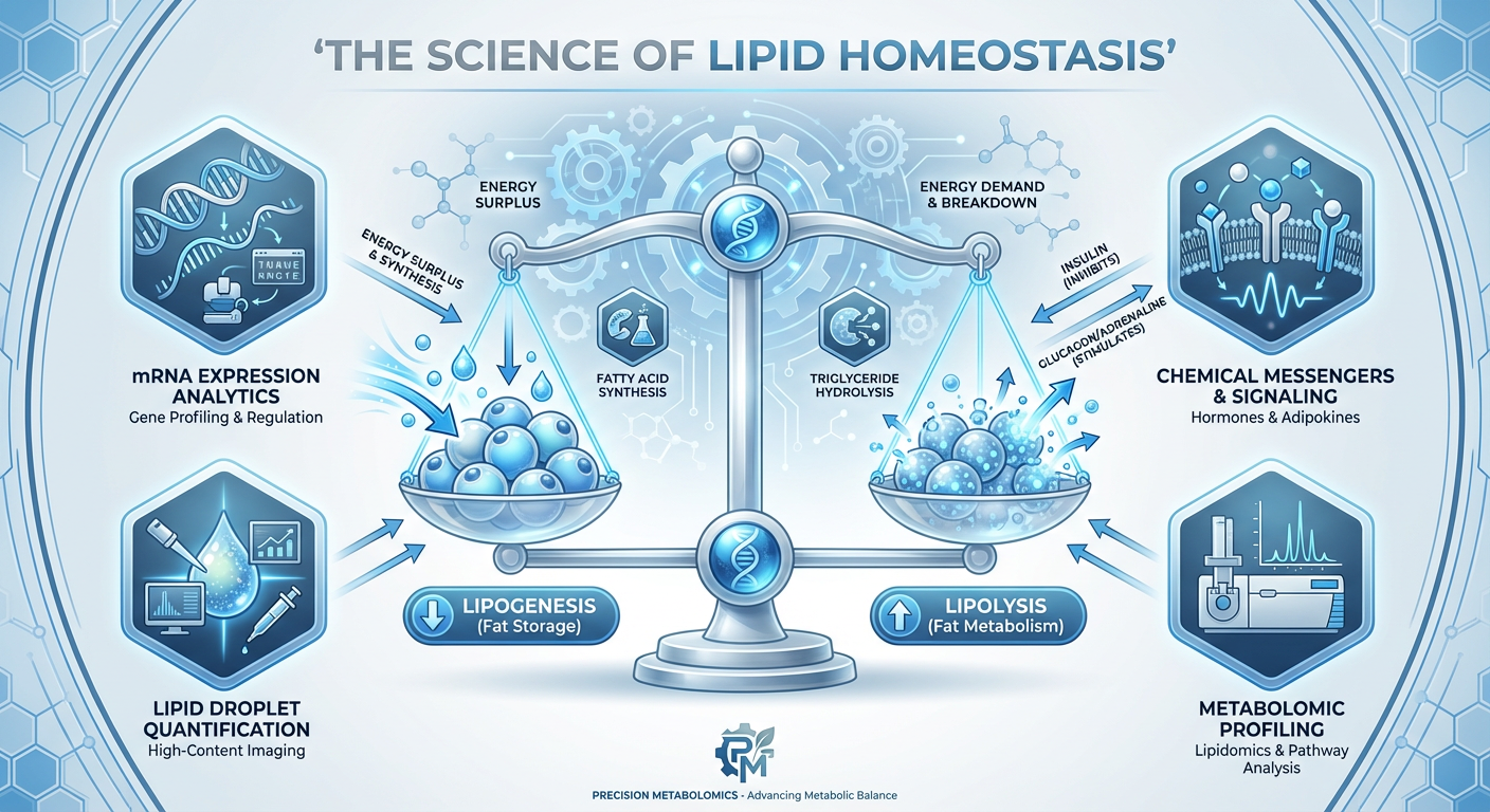 A diagram representing 'Lipid Homeostasis' as a balanced scale, showing the equilibrium between fat storage and fat burning.