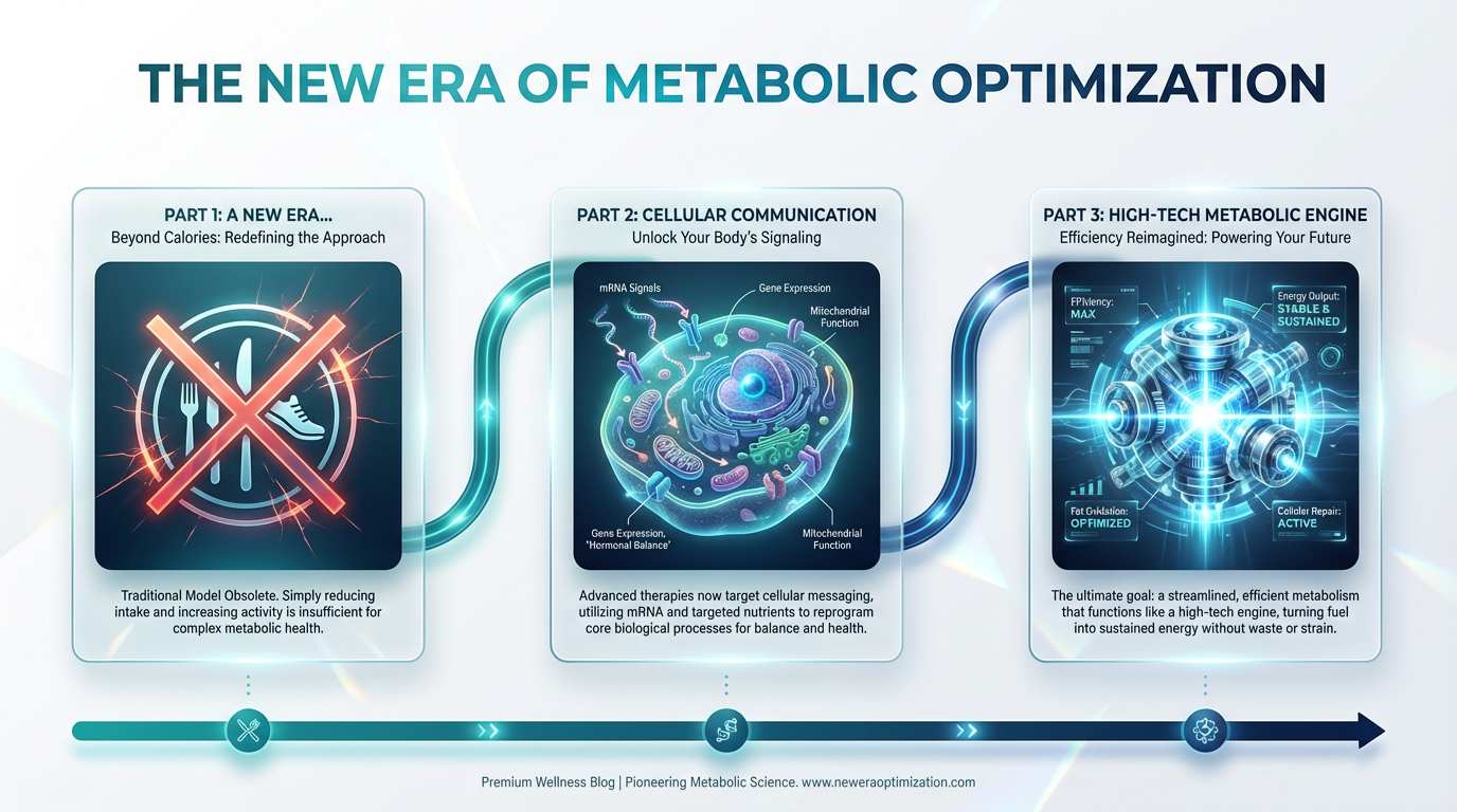 A 3-step visualization of how research peptides move beyond the 'Eat Less, Move More' mantra by targeting cellular signals.