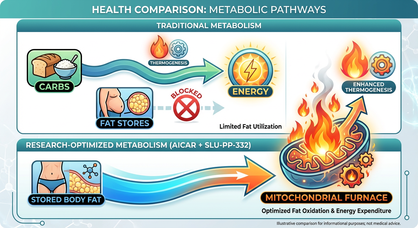 A comparison infographic showing how AICAR and SLU-PP-332 optimize the body's fuel consumption, shifting from carbs to fat.
