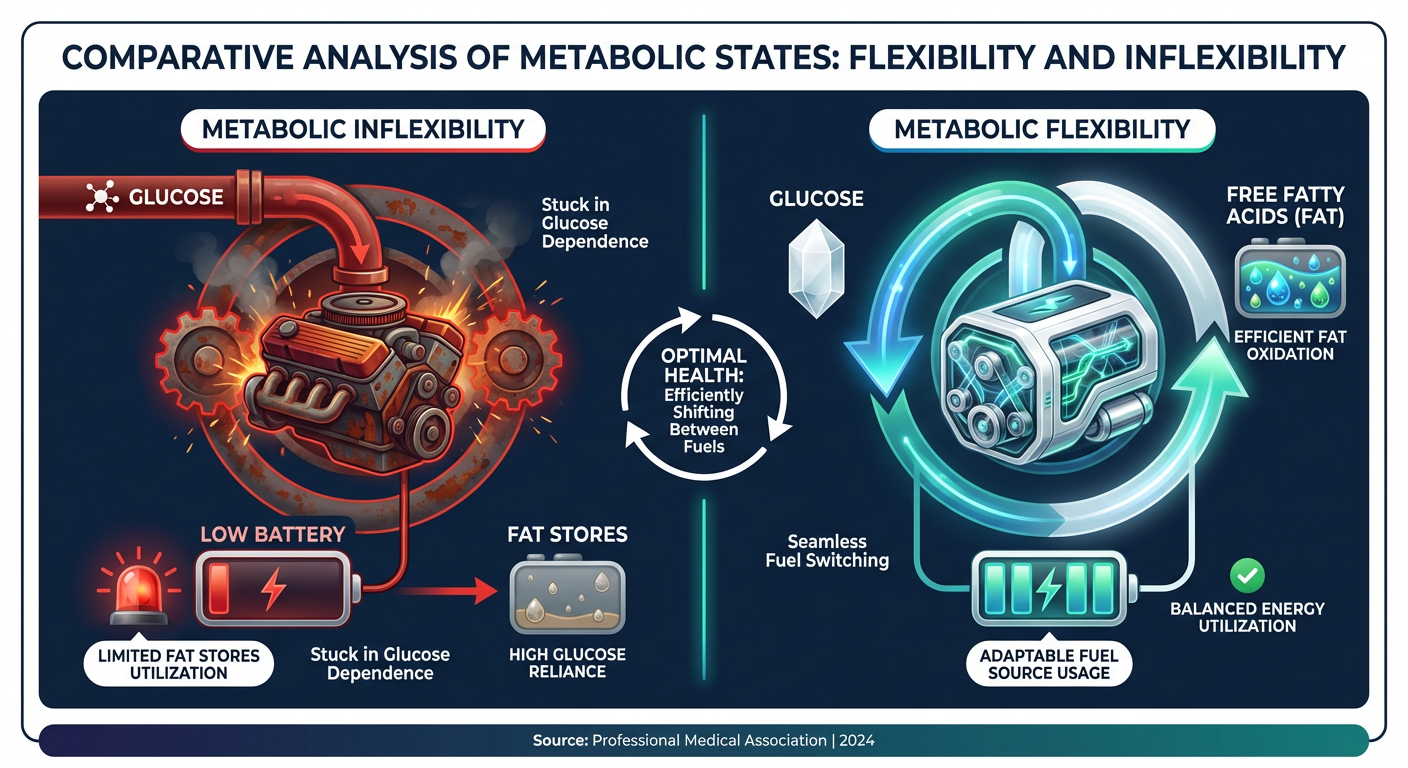 An infographic showing the difference between metabolic inflexibility (glucose reliance) and flexibility (substrate switching) using a hybrid car metaphor.