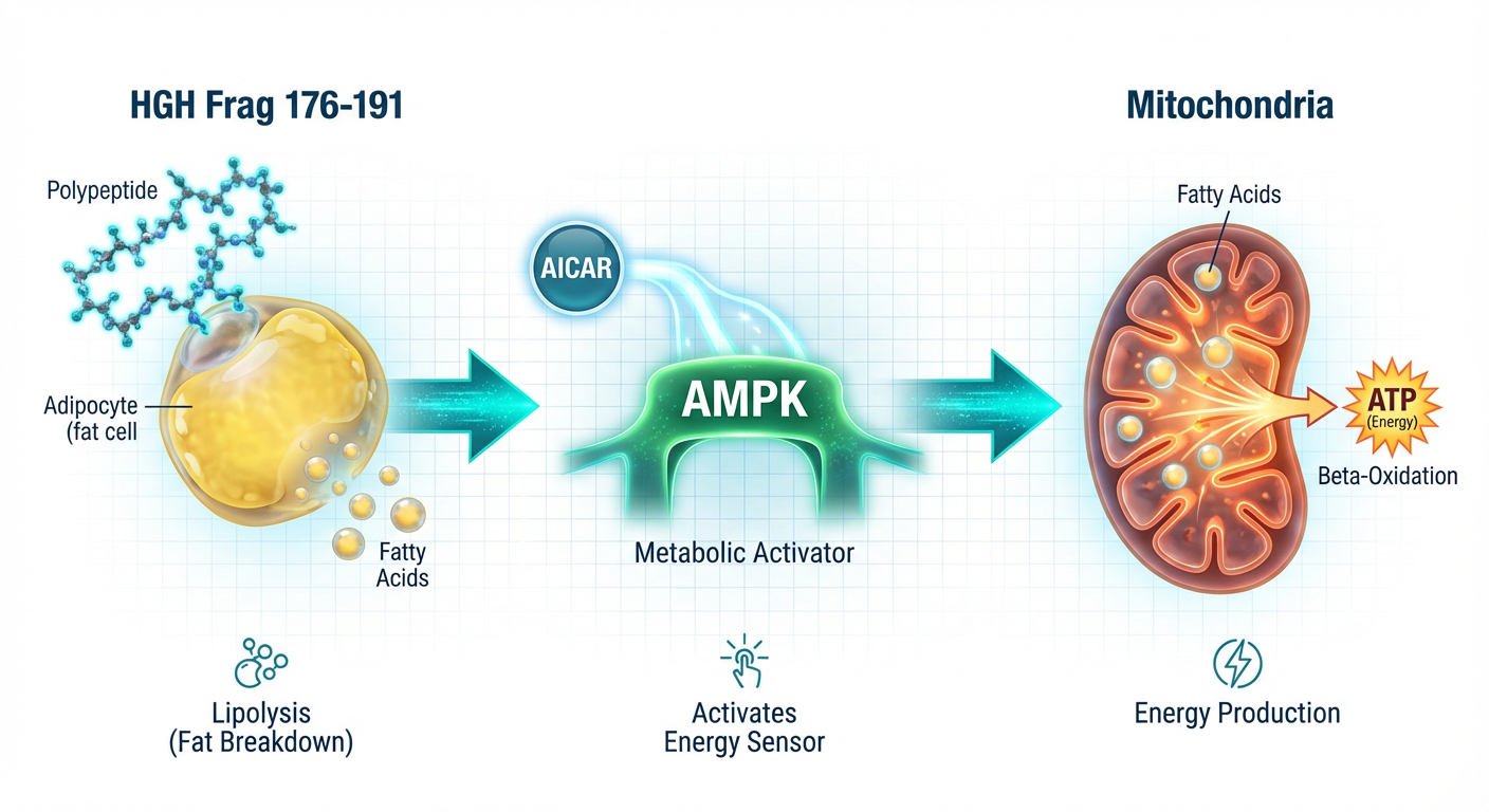 An infographic explaining the synergistic mechanism of AICAR and HGH Fragment 176-191 on cellular fat burning.