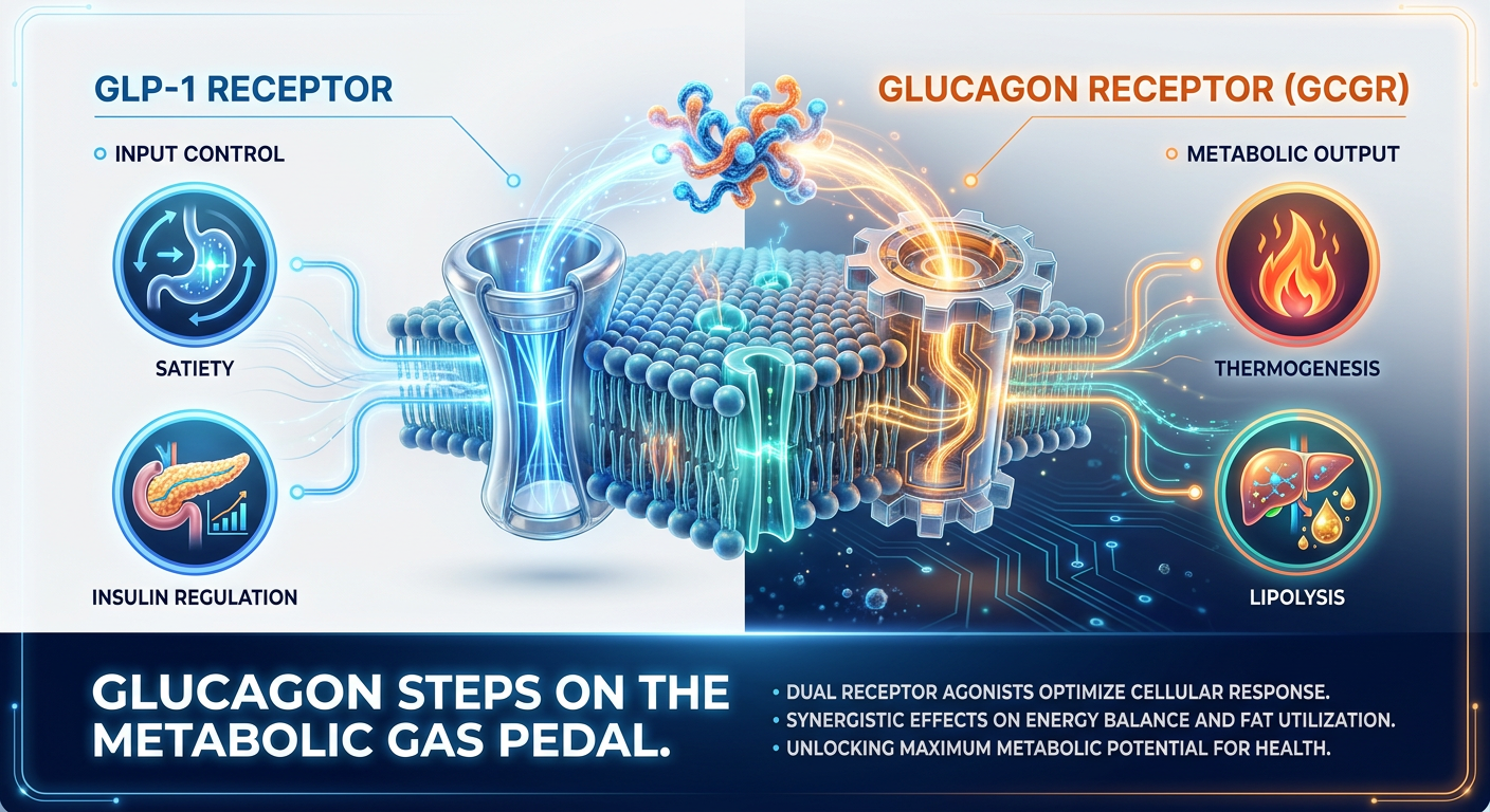 Infographic comparing the dual-agonist pathways of GLP-1 and Glucagon receptors for metabolic optimization.