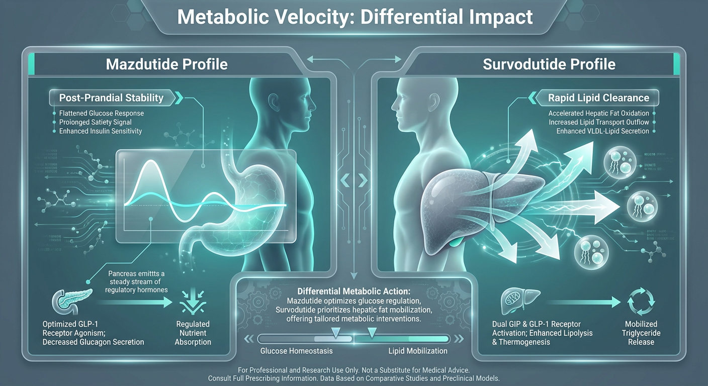 Comparative chart showing the distinct metabolic profiles of Mazdutide and Survodutide in post-prandial lipid kinematics.