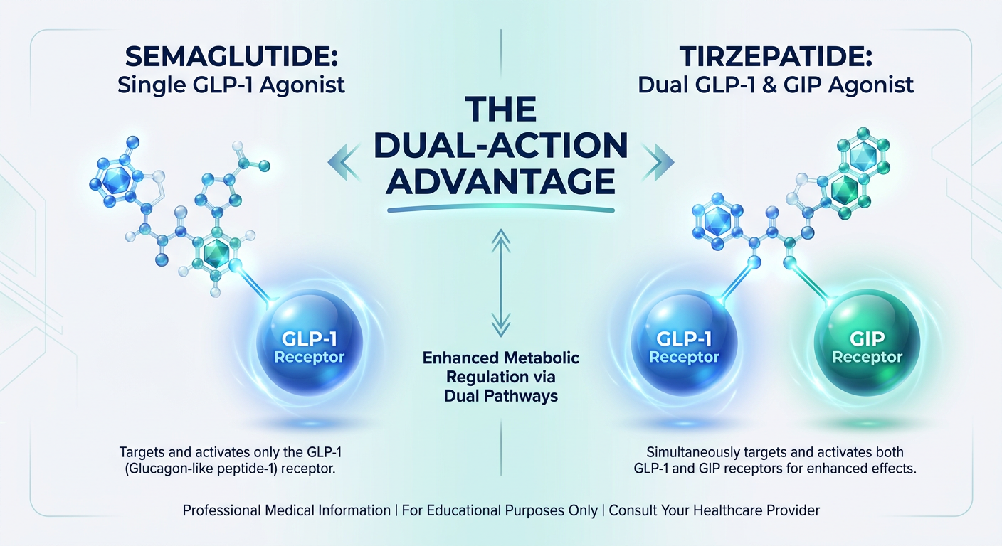 A comparative infographic showing the mechanism of action differences between Semaglutide and Tirzepatide. Semaglutide is shown targeting the GLP-1 receptor, while Tirzepatide is shown targeting both GLP-1 and GIP receptors.