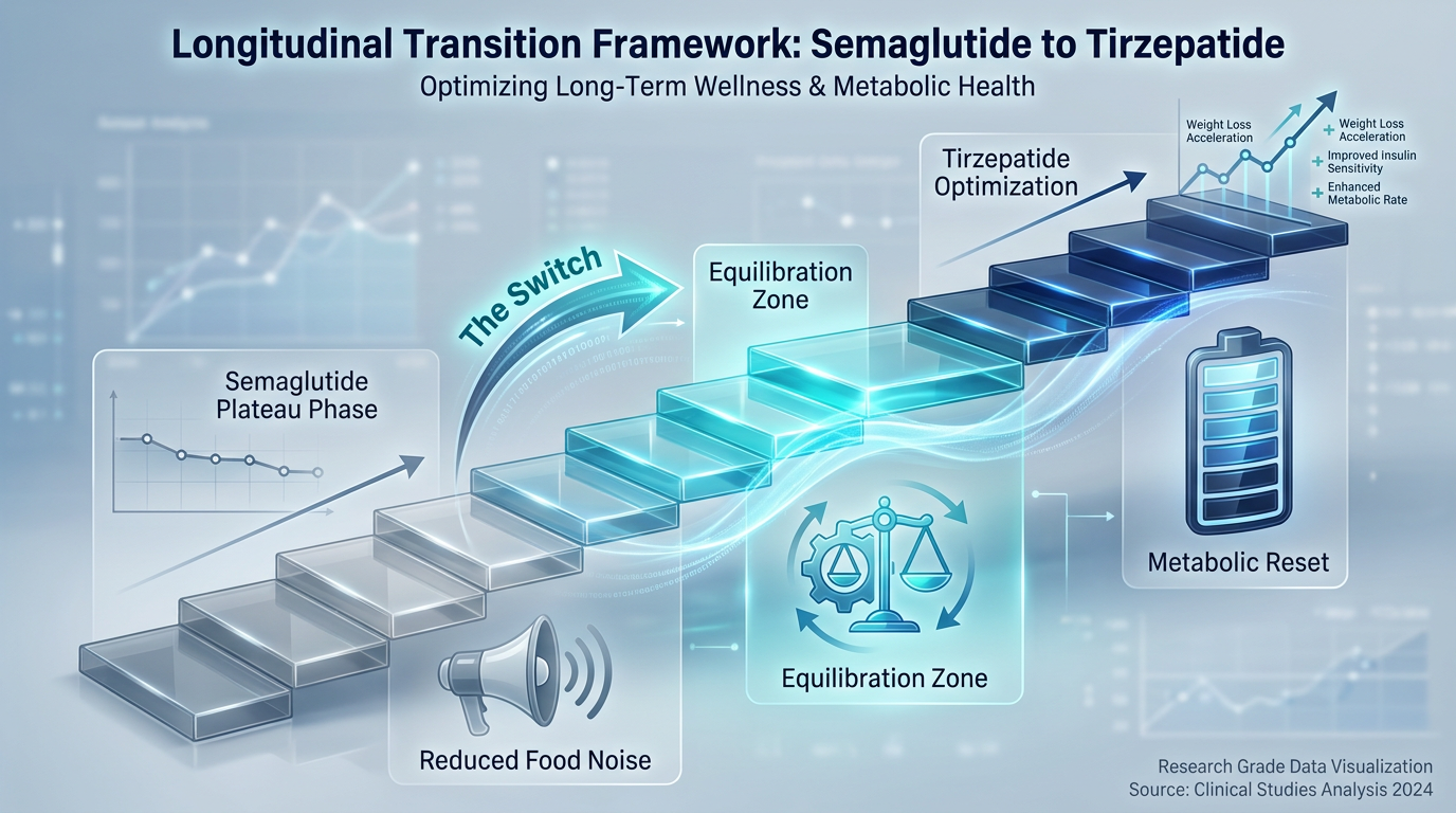 A step-by-step transition guide infographic showing how to safely move from Semaglutide to Tirzepatide. It features a staircase graphic moving from a lower 'Maintenance Dose' to a 'Recalibrated Introduction' stage.