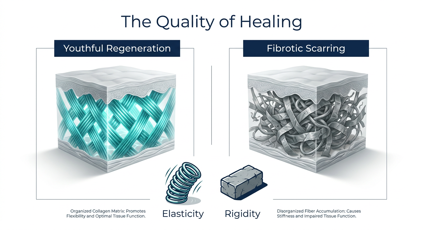 A scientific infographic comparing 'The Perfect Weave' of youthful tissue regeneration vs. 'The Duct Tape Patch' of fibrotic scarring. The left side shows organized, parallel collagen fibers (silk-like), while the right side shows tangled, stiff scar tissue (duct-tape-like). Elements are color-coded in teal and grey.