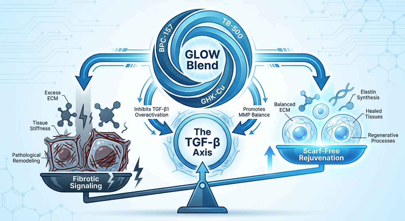 A biological pathway infographic showcasing the 'GLOW Blend' (BPC-157, TB-500, GHK-Cu) interacting with cellular signaling. A central 'TGF-β Axis' dial is shown being balanced to favor scar-free rejuvenation over fibrosis. Blue and white color scheme.