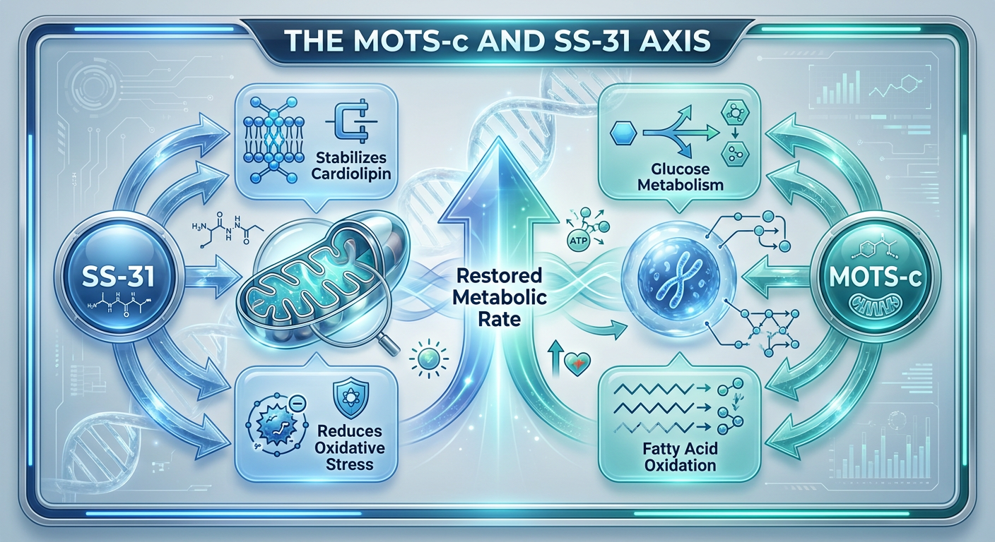 Infographic showing the synergy between MOTS-c and SS-31 peptides, illustrating how they target mitochondrial repair and metabolic signaling.