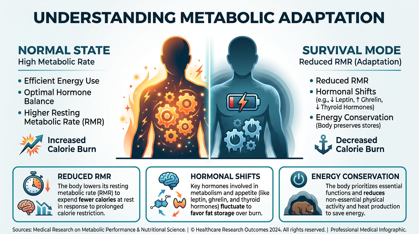 A clean, medical infographic showing the mechanism of metabolic adaptation. It illustrates the body's 'Survival Mode' vs. 'Active State', highlighting reduced metabolic rate, increased hunger hormones, and fat storage preservation in response to caloric deficit.