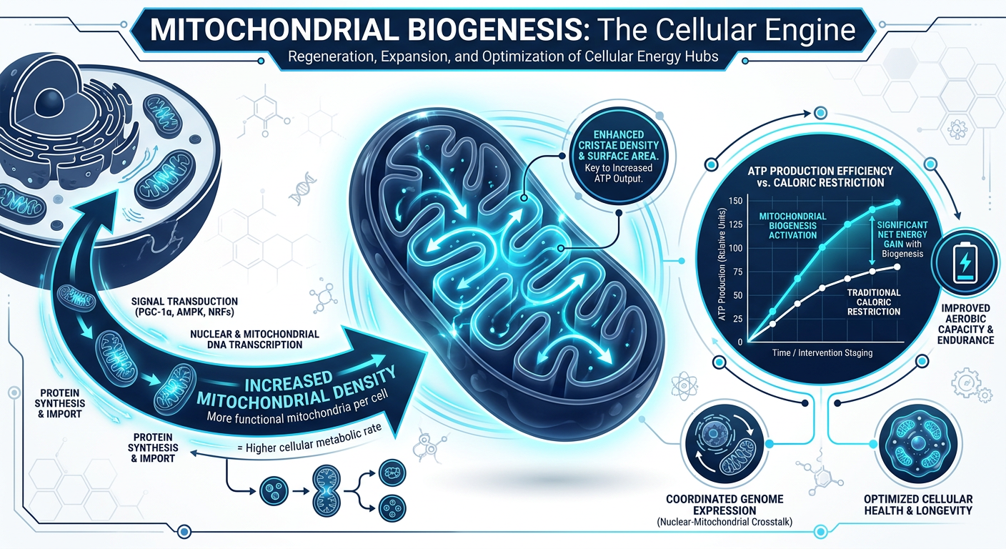 A detailed scientific diagram showing a cell with mitochondria inside. It illustrates mitochondrial biogenesis: the process of creating new mitochondria and improving their efficiency to increase energy output (ATP).