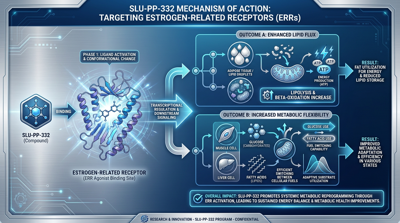 A biological flow chart demonstrating how SLU-PP-332 interacts with the ERR receptor to bypass metabolic plateaus by increasing lipid flux and fat oxidation.
