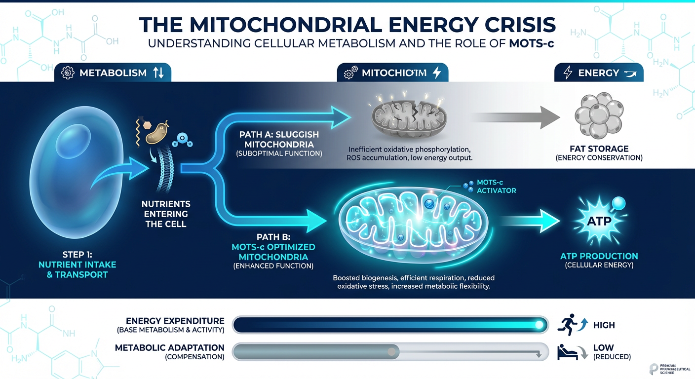 Diagram showing the decline of mitochondrial efficiency with age and how MOTS-c restores cellular energy conversion.