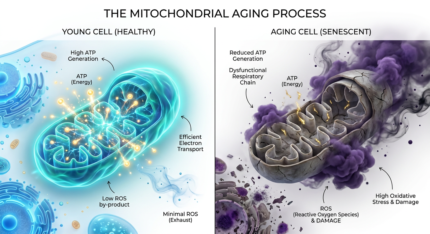 A side-by-side comparison of a young, healthy mitochondrion versus an aging mitochondrion, showing energy production (ATP) and cellular waste (ROS).