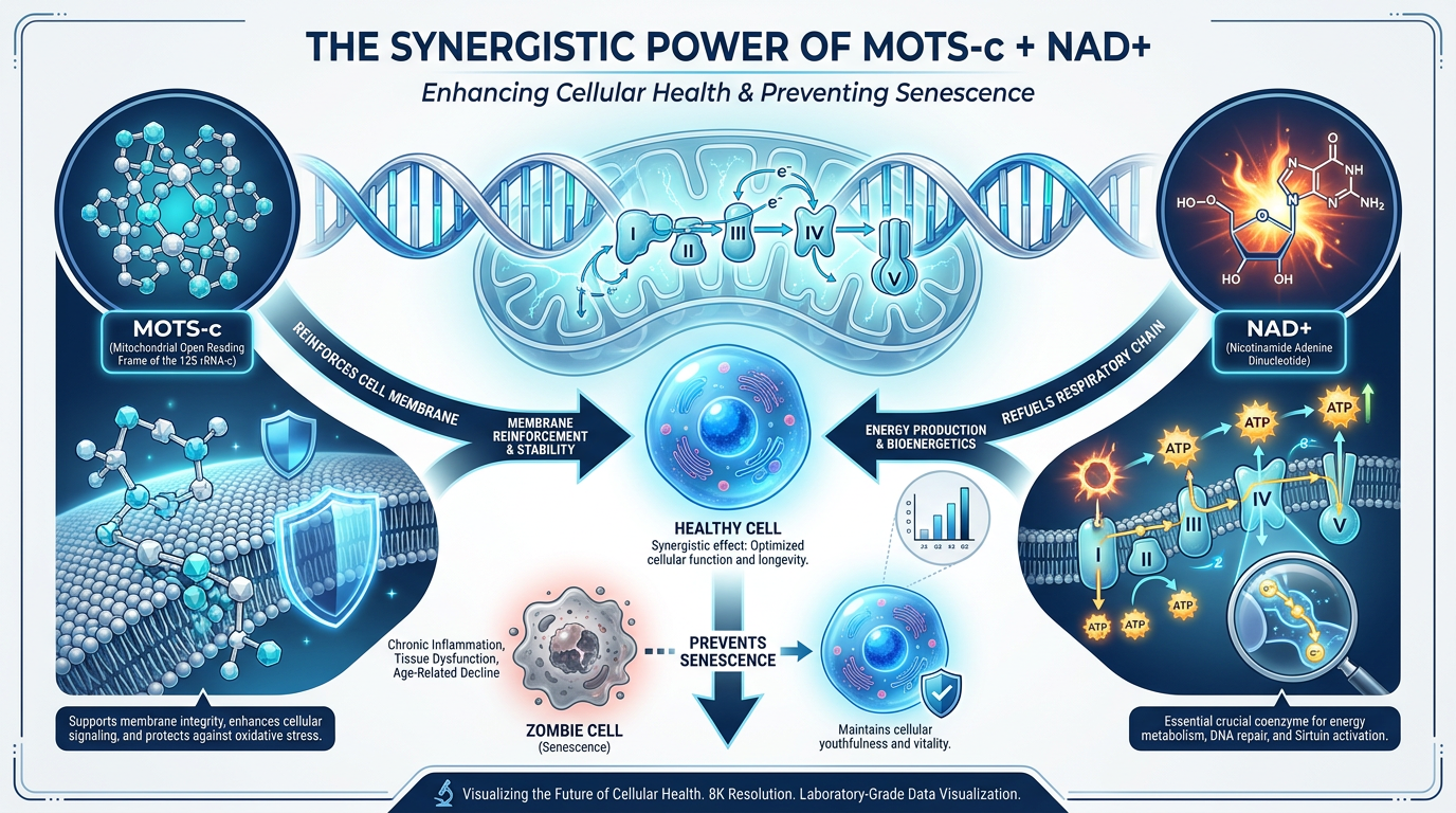 A detailed diagram showing the synergistic relationship between MOTS-c and NAD+ in stabilizing the mitochondrial respiratory chain and preventing 'zombie' cell formation.
