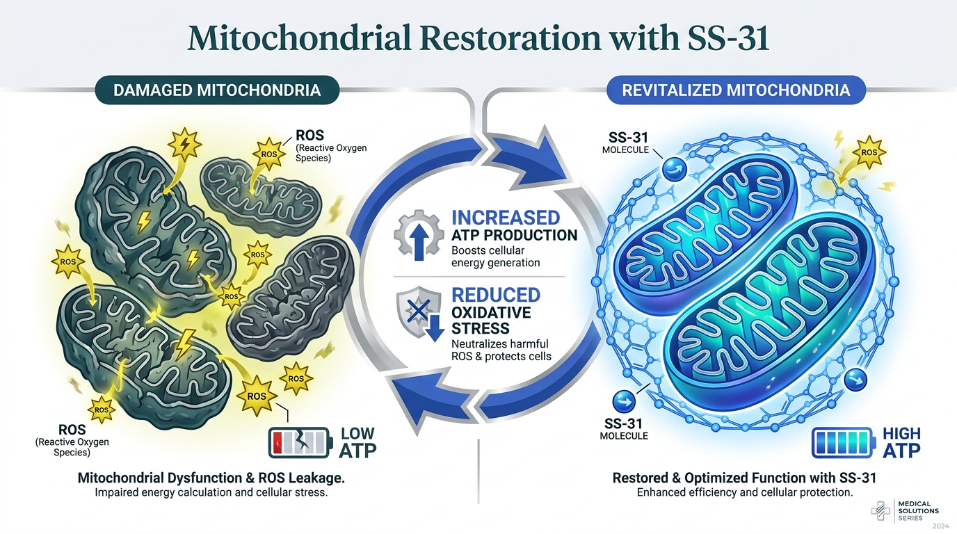 A professional infographic showing mitochondrial rejuvenation by SS-31 peptide. It features a cross-section of a damaged mitochondrion with oxidative stress symbols on the left, and a restored, healthy mitochondrion on the right with a blue-teal molecular structure representing SS-31 stabilizing the inner membrane. Clear labels explain ATP production and ROS reduction.