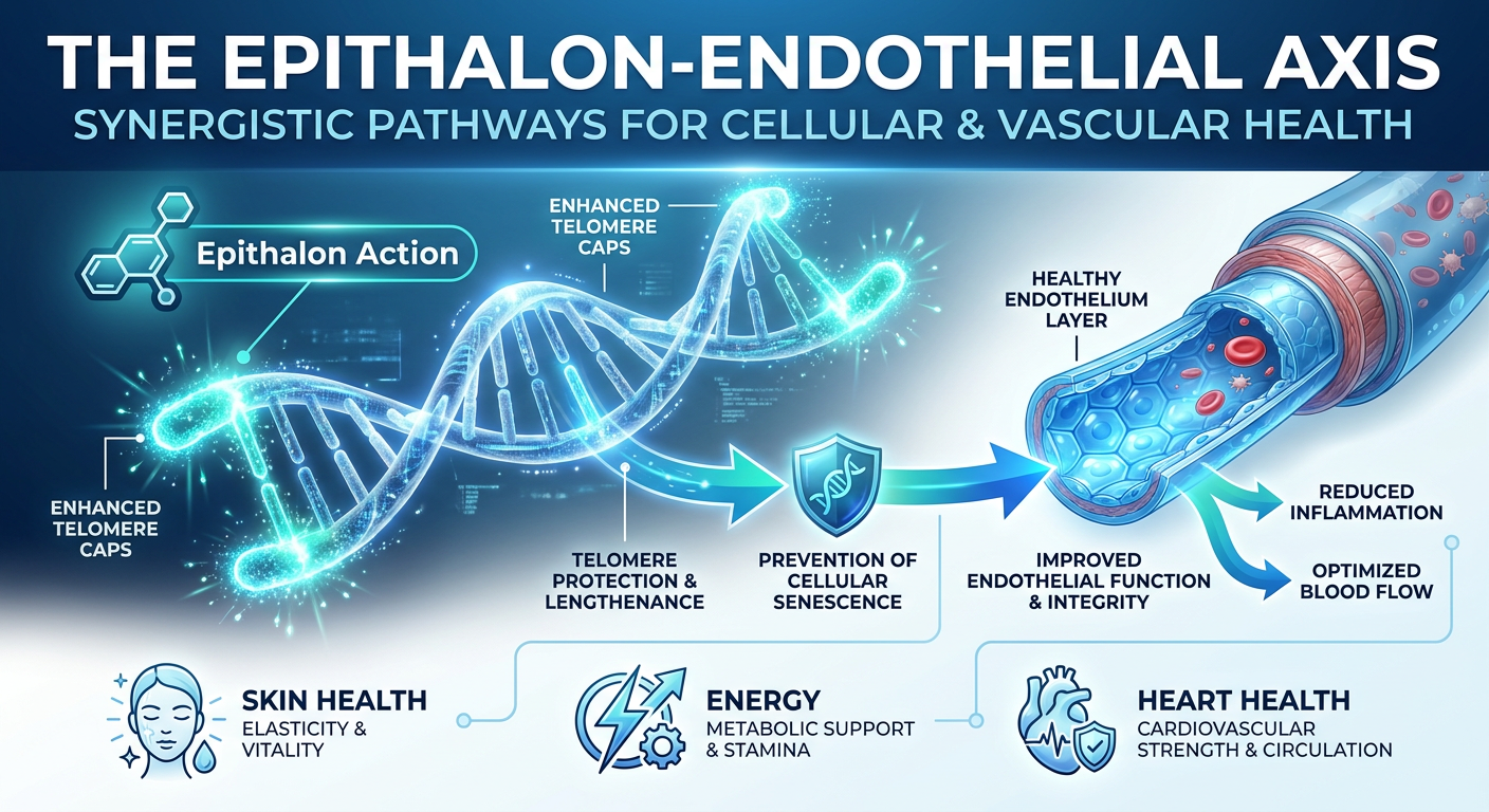 A scientific infographic explaining the synergy between Epithalon and SS-31. It displays a DNA strand with telomere caps being lengthened on one side, and a blood vessel cross-section on the other showing healthy endothelial cells. The graphic uses a clean, modern aesthetic to show how these peptides prevent cellular senescence.