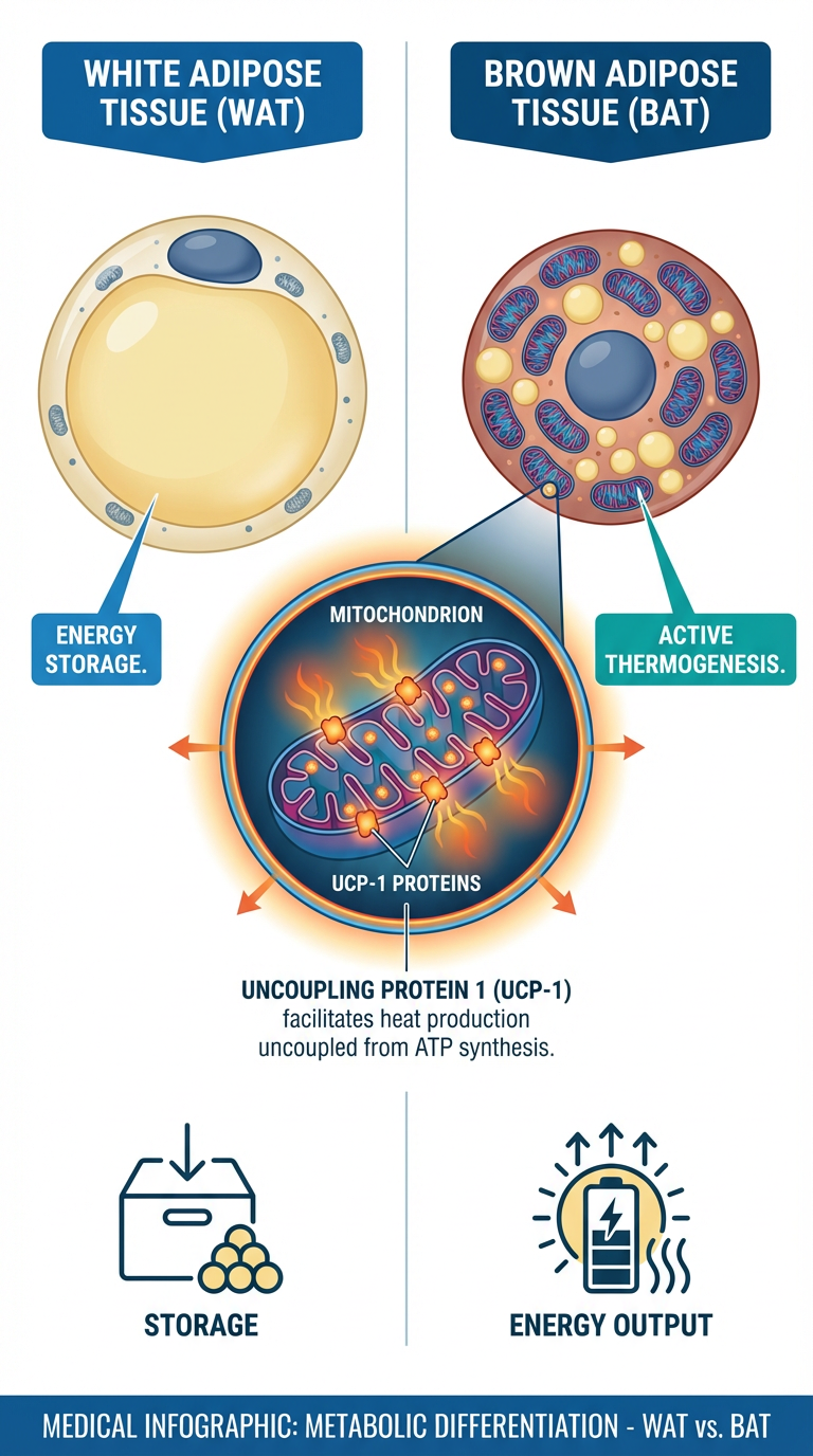 A medical infographic comparing White Adipose Tissue (WAT) and Brown Adipose Tissue (BAT), highlighting the presence of UCP-1 and mitochondria.