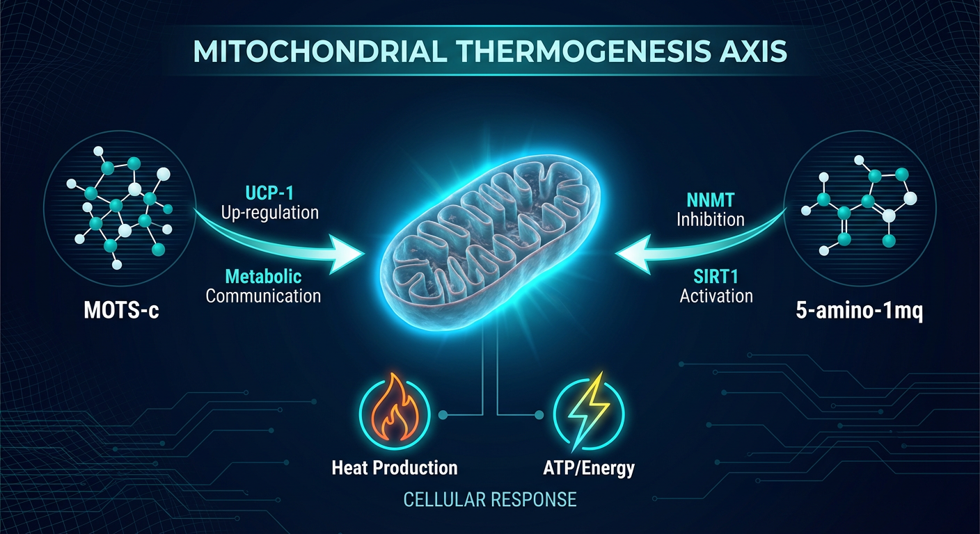 A biological pathway infographic showing the synergistic relationship between MOTS-c and 5-amino-1mq in activating mitochondrial thermogenesis.