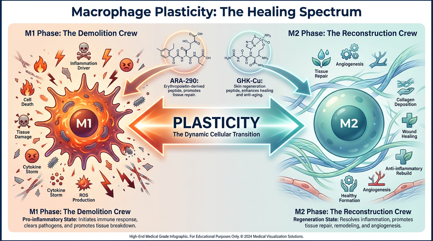 A medical infographic titled Macrophage Plasticity: The Healing Spectrum, showing the transition from M1 pro-inflammatory cells to M2 anti-inflammatory cells, with ARA-290 and GHK-Cu as catalysts.