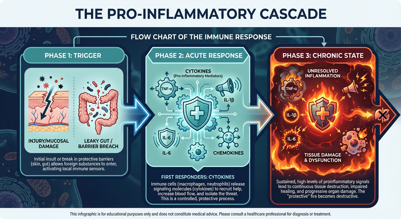 An infographic explaining the pro-inflammatory cascade showing the transition from a healthy stimulus to acute and then chronic inflammation.