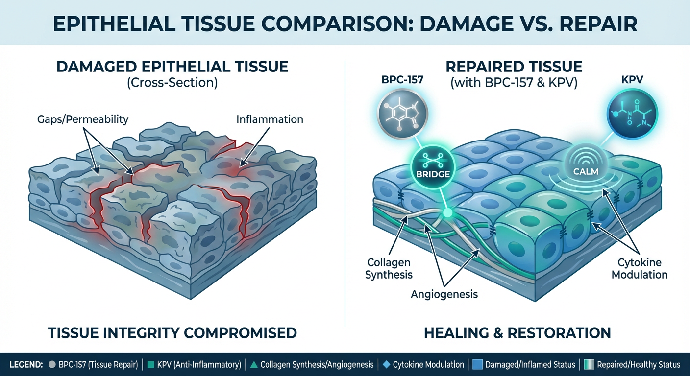 A comparison infographic showing BPC-157 and KPV peptides working together to repair the epithelial barrier in the gut and skin.