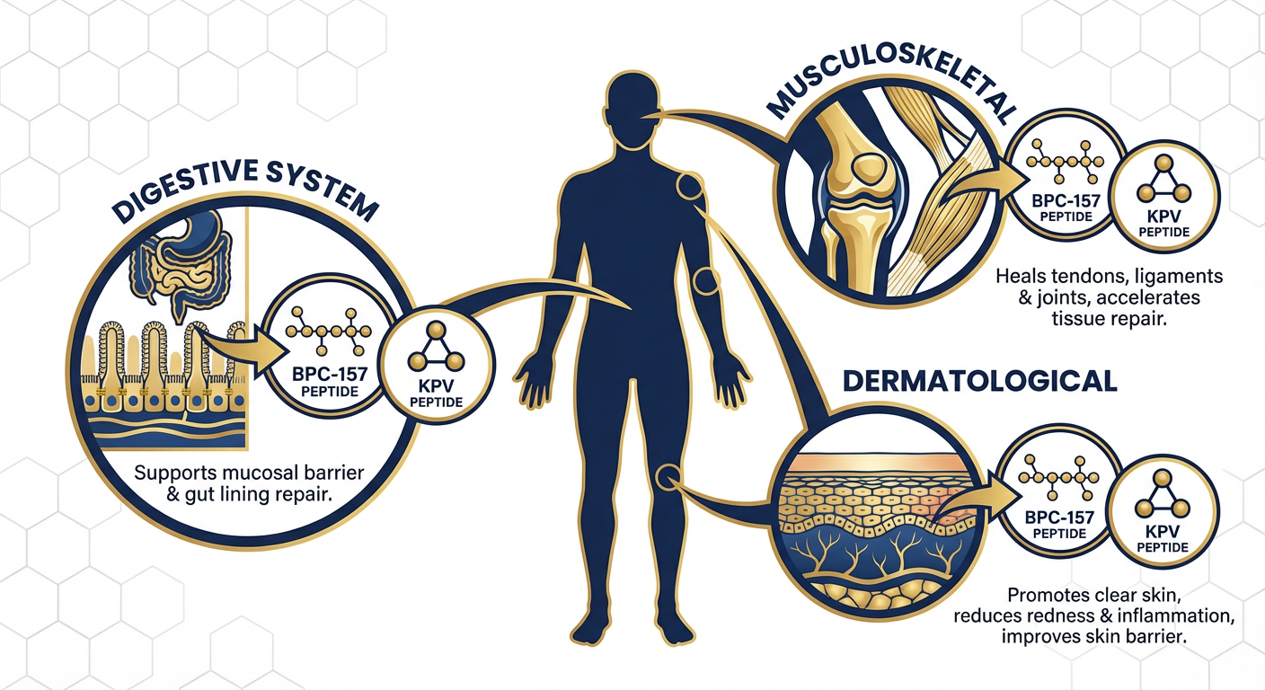 An infographic detailing the specific benefits of the BPC-157 and KPV intersection for gut health, recovery, and skin clarity.