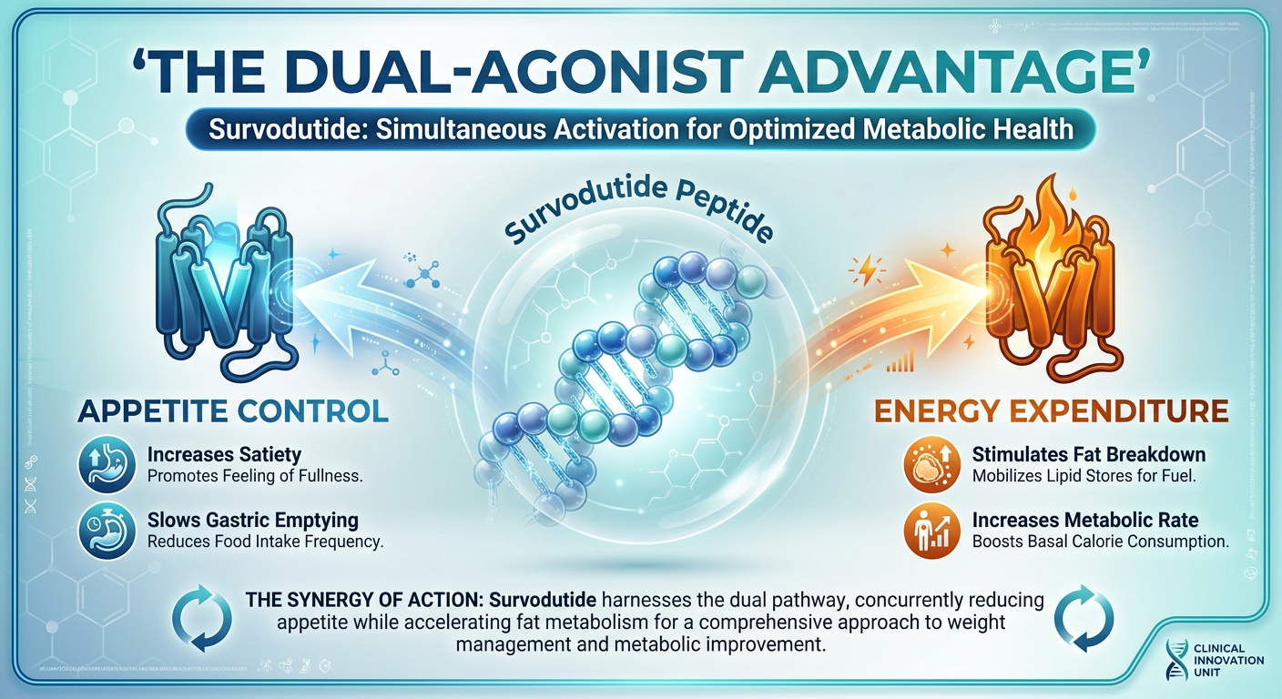 Infographic titled The Dual-Agonist Advantage showing the synergistic effect of GLP-1 and Glucagon receptors.