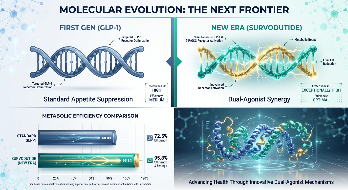 A comparison chart titled Molecular Evolution of Weight Management comparing Segmaglutide (Single-Agonist) vs. Survodutide (Dual-Agonist).