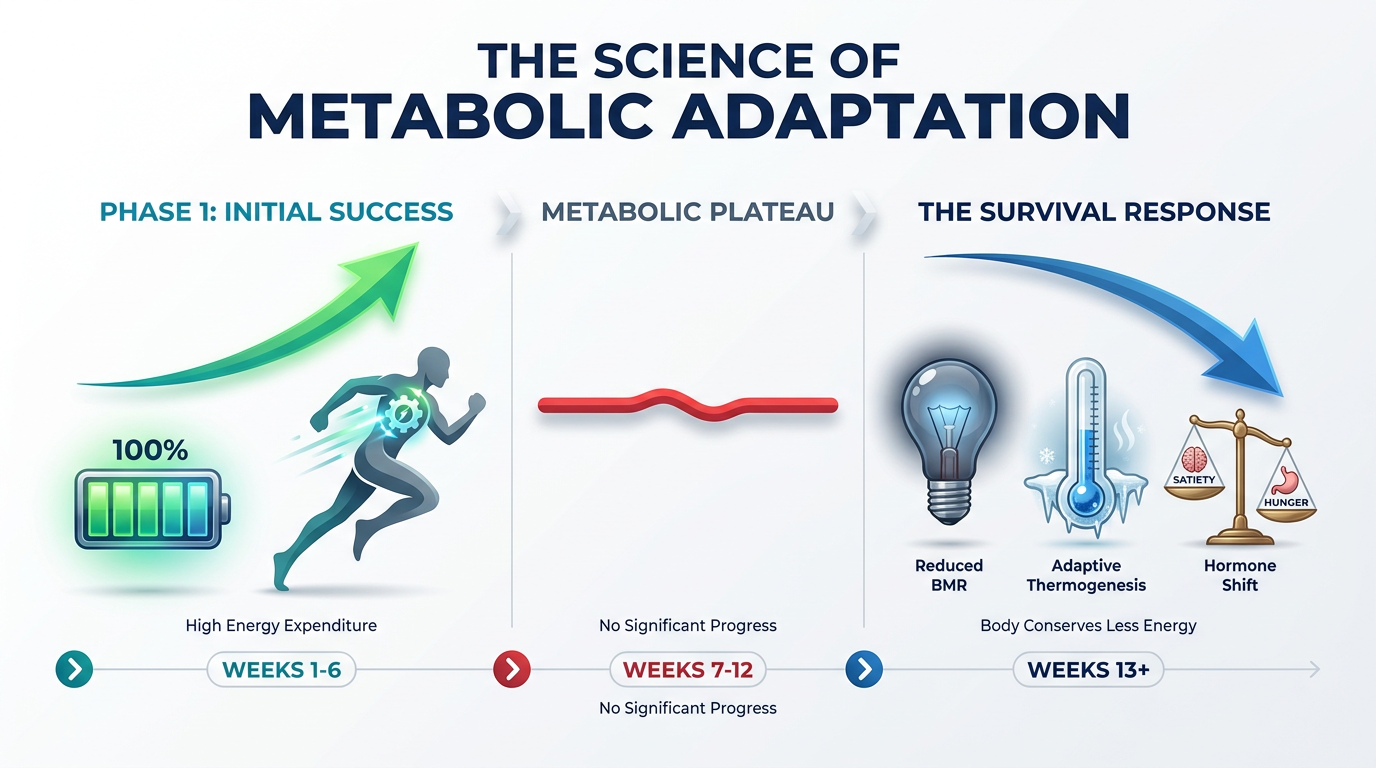 A professional infographic titled The Science of Metabolic Adaptation showing a character moving from initial weight loss to a metabolic plateau with icons for BMR reduction and hormonal changes.