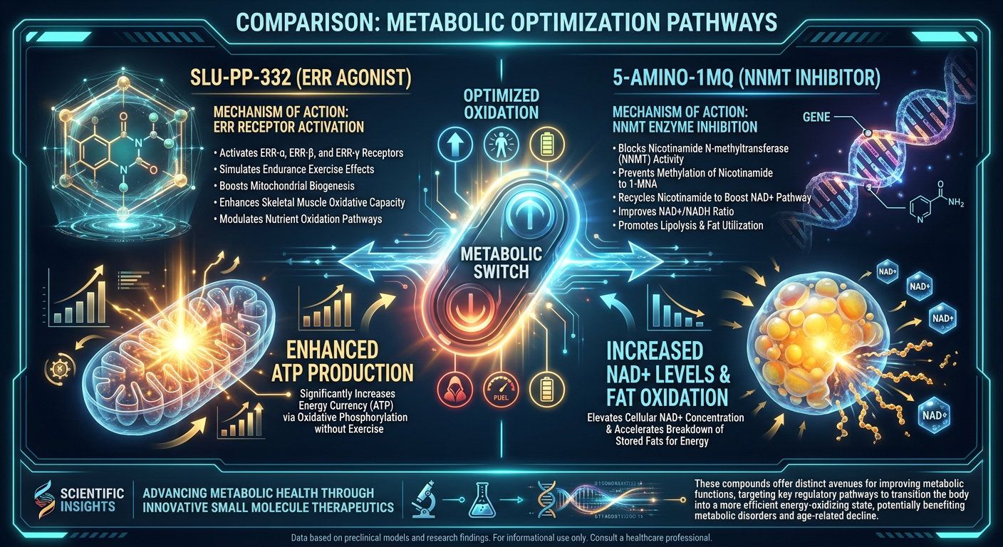 A comparative pharmaceutical infographic showing the molecular pathways of SLU-PP-332 and 5-Amino-1MQ in enhancing fat metabolism and mitochondrial function.