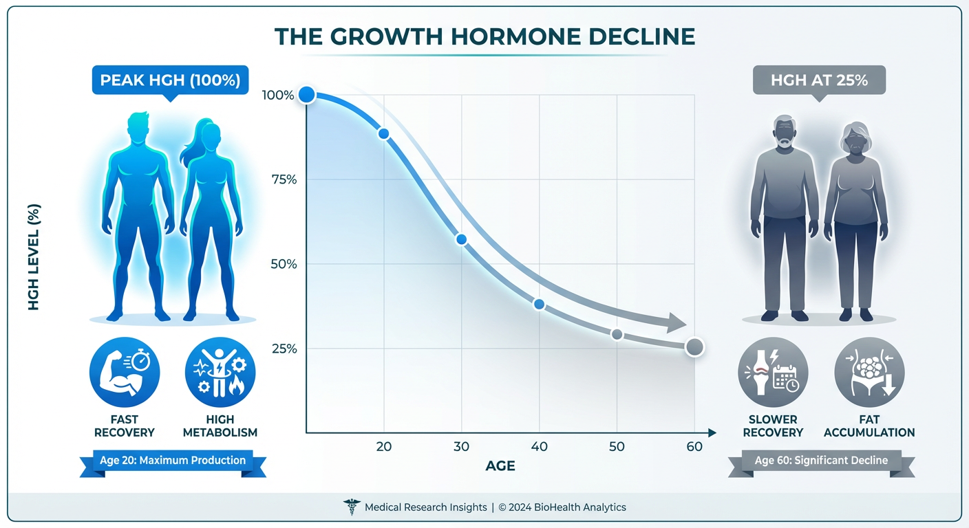 Infographic showing the decline of Human Growth Hormone (HGH) levels from age 20 to 60, contrasting youthful vitality with somatopause.