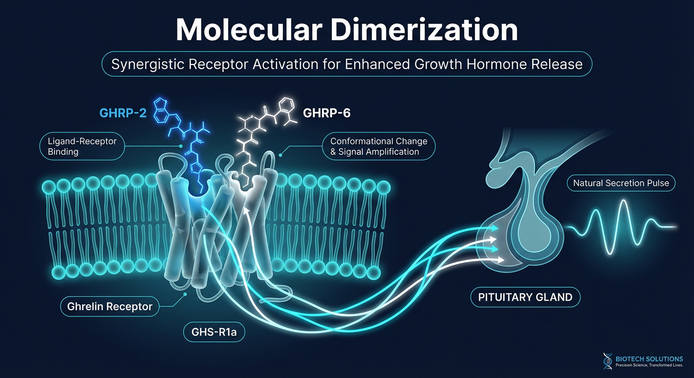 Detailed molecular diagram illustrating GHRP-2 and GHRP-6 interacting with the Ghrelin Receptor (GHS-R1a) to stimulate the pituitary gland.