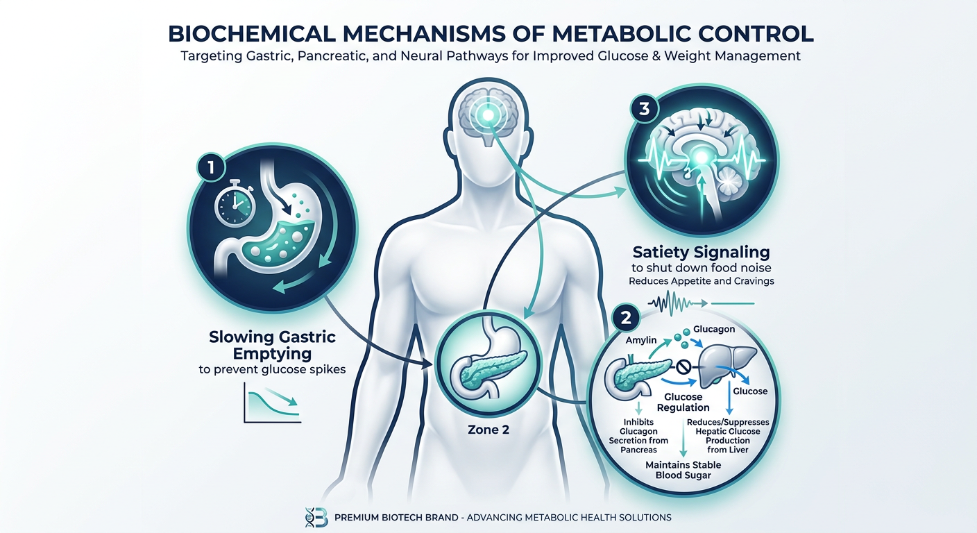 Medical infographic showing the three primary pathways of natural Amylin: slowing gastric emptying, inhibiting glucagon, and signaling the brain for satiety.