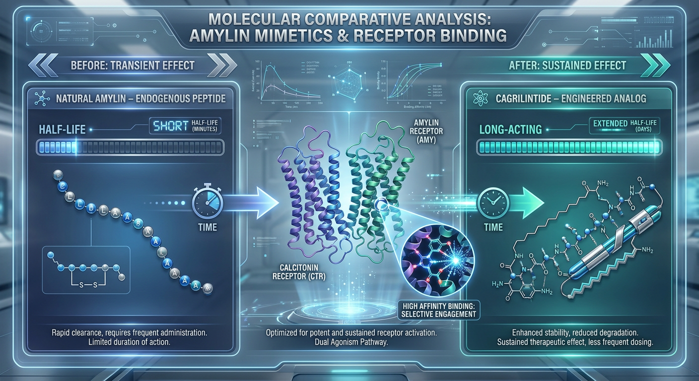 Comparison infographic between natural Amylin and the engineered analog Cagrilintide, highlighting receptor affinity and duration of action.