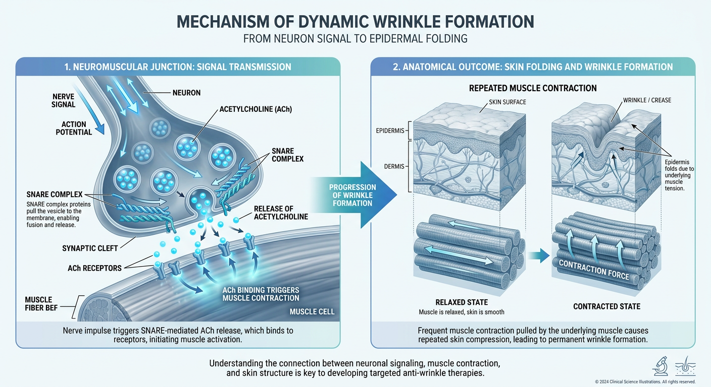 A scientific diagram showing the biochemical process of muscle contraction, featuring the SNARE complex, neurotransmitter release, and the resulting skin fold.