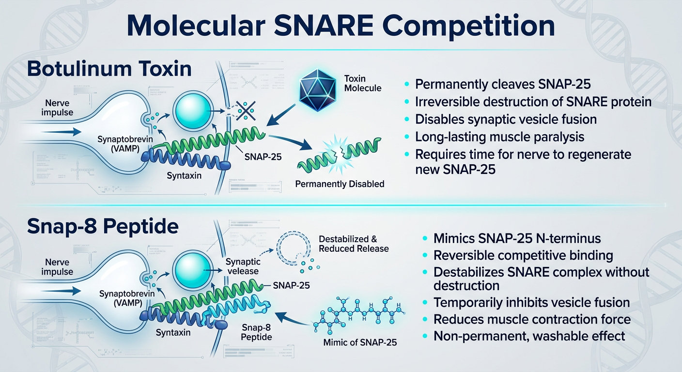 A comparative infographic showing the different mechanisms of action for Botulinum Toxin and Snap-8 within the SNARE complex.