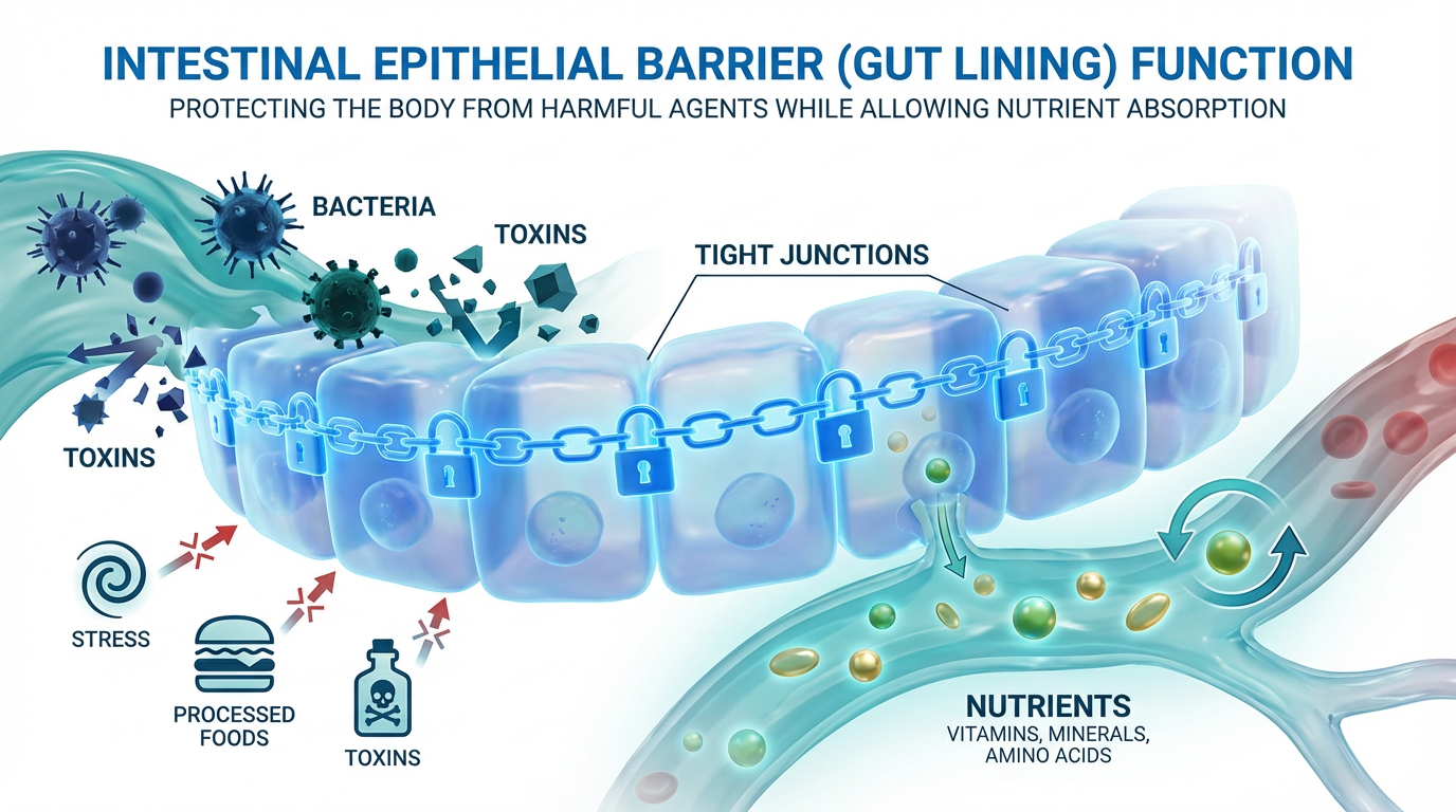 A scientific diagram showing the structure of the intestinal epithelial barrier, featuring tight junctions as 'bouncers' between cells.
